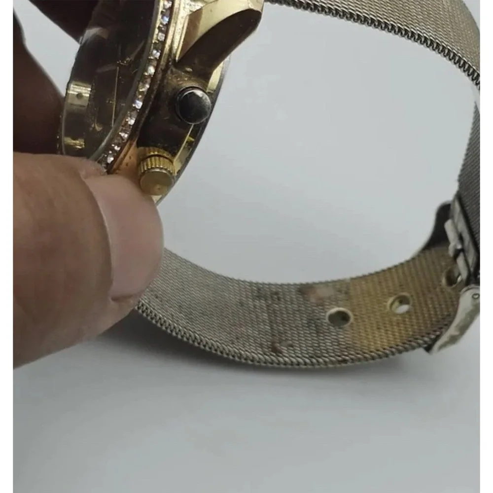Gold Tone Ladies Watch Triple Sub Glitter Dial Crystal Bezel Mesh Band *C-photos